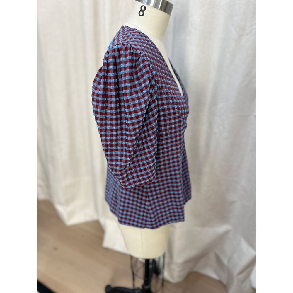 GANNI Blouse Seersucker V Neck Puff Sleeve in Blue Red Check Sz 46 XXL 16 - Picture 9 of 12